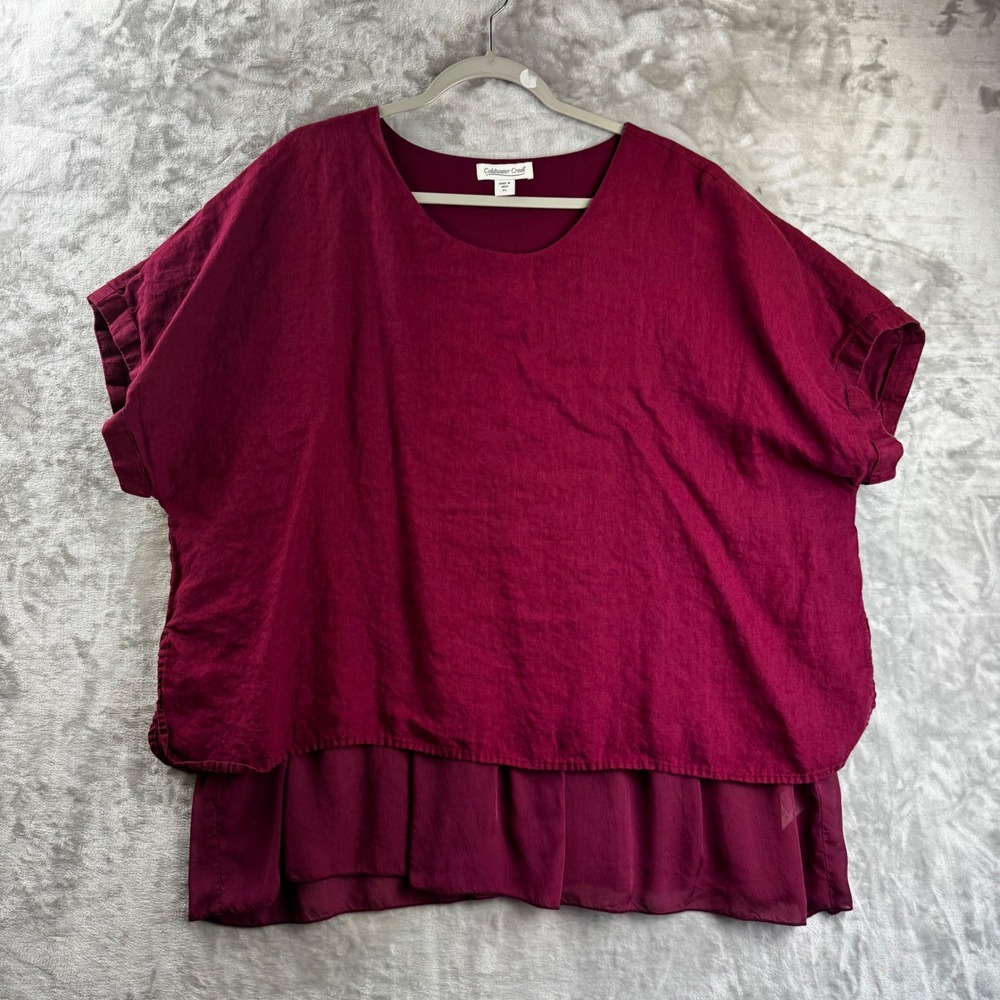 Coldwater Creek Blouse Women XL Burgundy Linen Layered Short Sleeve (1809) - Picture 1 of 12